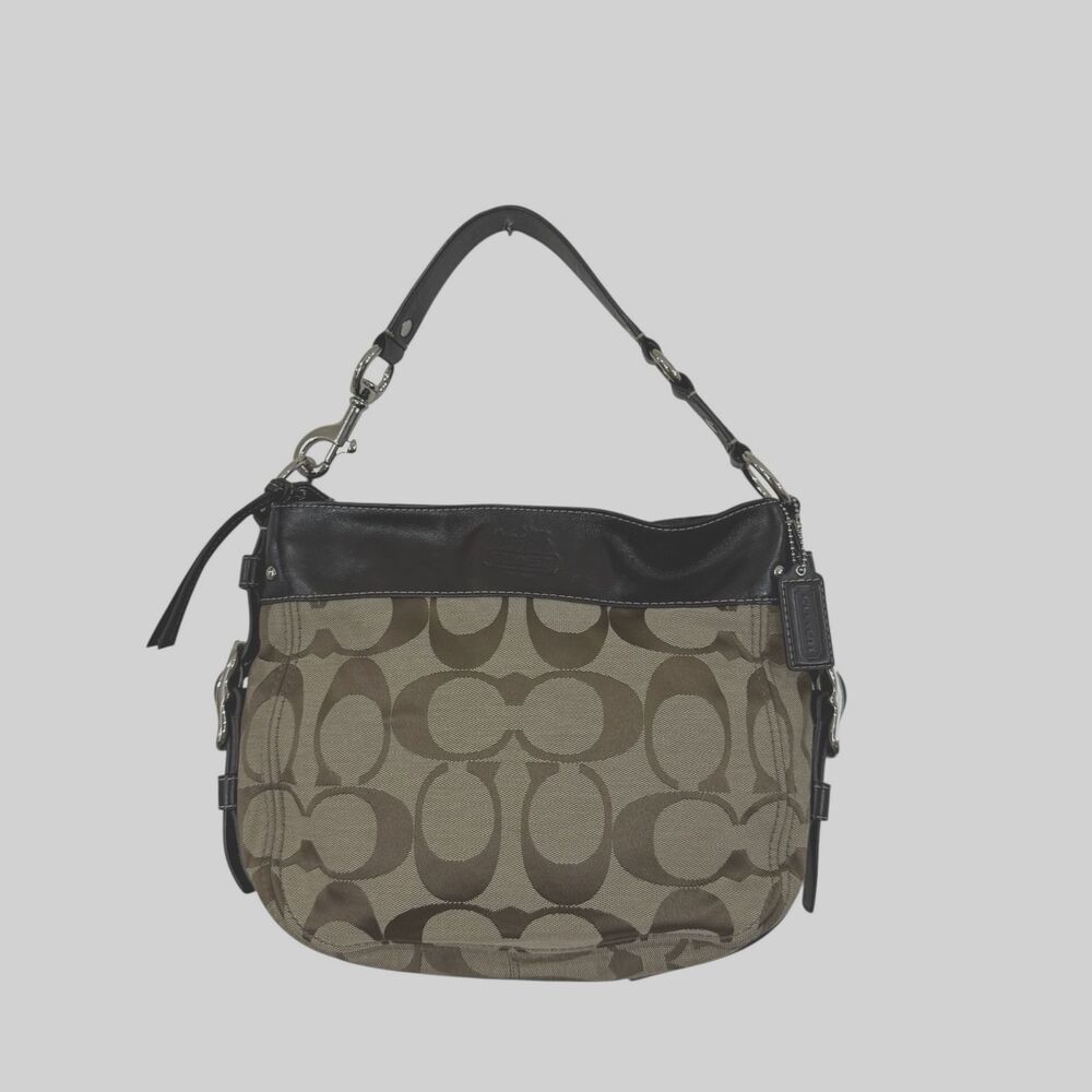 Coach EUC Brown Tan Signature Jacquard Zoe Hobo Handbag Shoulder Purse READ